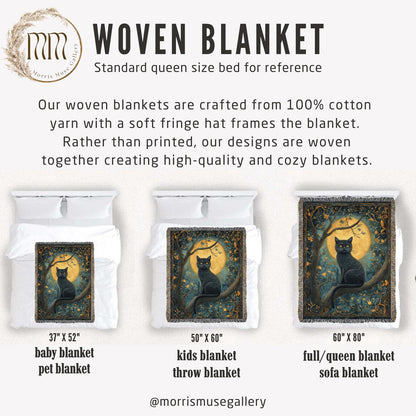 Mystic Moon Cat Woven Blanket, Black Cat Tapestry Style Throw, Celestial Night Decor