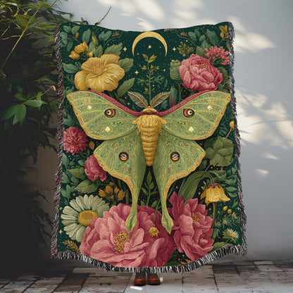 Vintage Luna Moth Garden Roses Woven Blanket, Botanical Boho Tapestry Throw