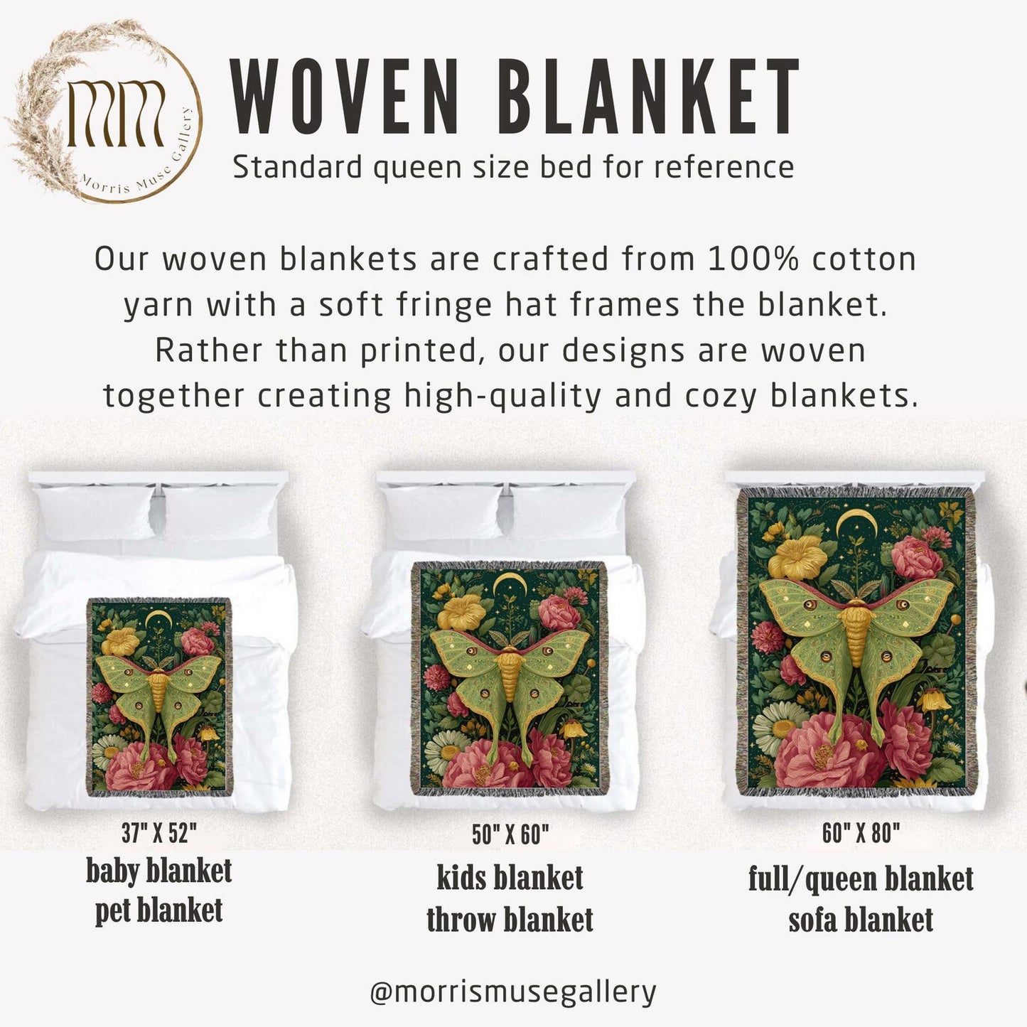 Vintage Luna Moth Garden Roses Woven Blanket, Botanical Boho Tapestry Throw