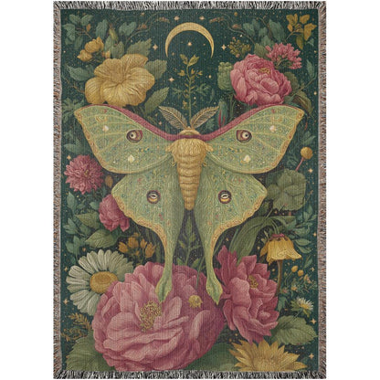 Vintage Luna Moth Garden Roses Woven Blanket, Botanical Boho Tapestry Throw