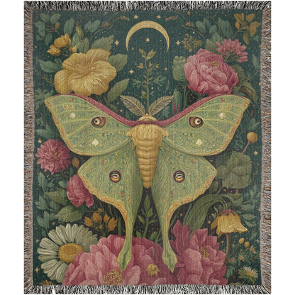 Vintage Luna Moth Garden Roses Woven Blanket, Botanical Boho Tapestry Throw