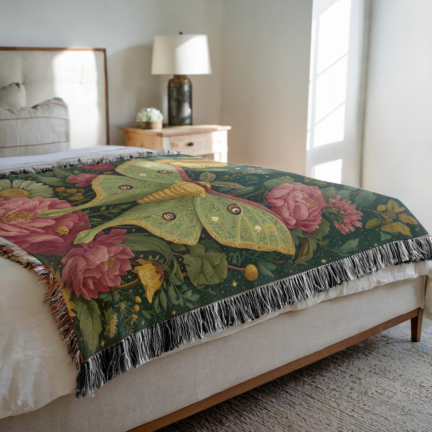 Vintage Luna Moth Garden Roses Woven Blanket, Botanical Boho Tapestry Throw