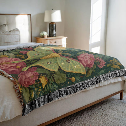 Vintage Luna Moth Garden Roses Woven Blanket, Botanical Boho Tapestry Throw