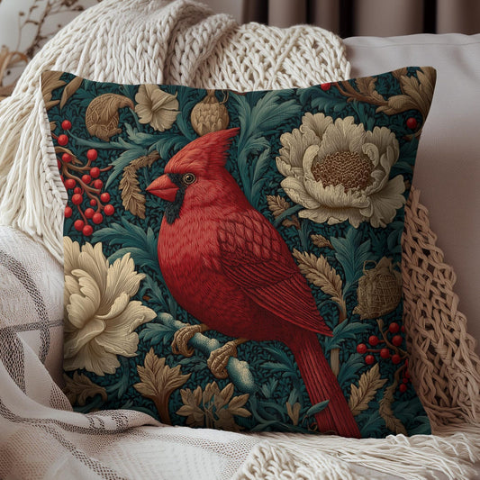 Vintage Cardinal Floral Pillow, William Morris Style Red Bird Cushion for Cozy Home Decor