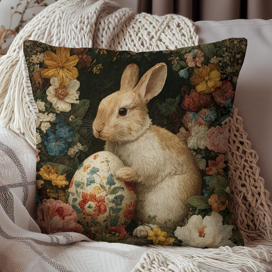 Easter Bunny Floral Pillow, Vintage Botanical Rabbit Cushion with Decorative Egg