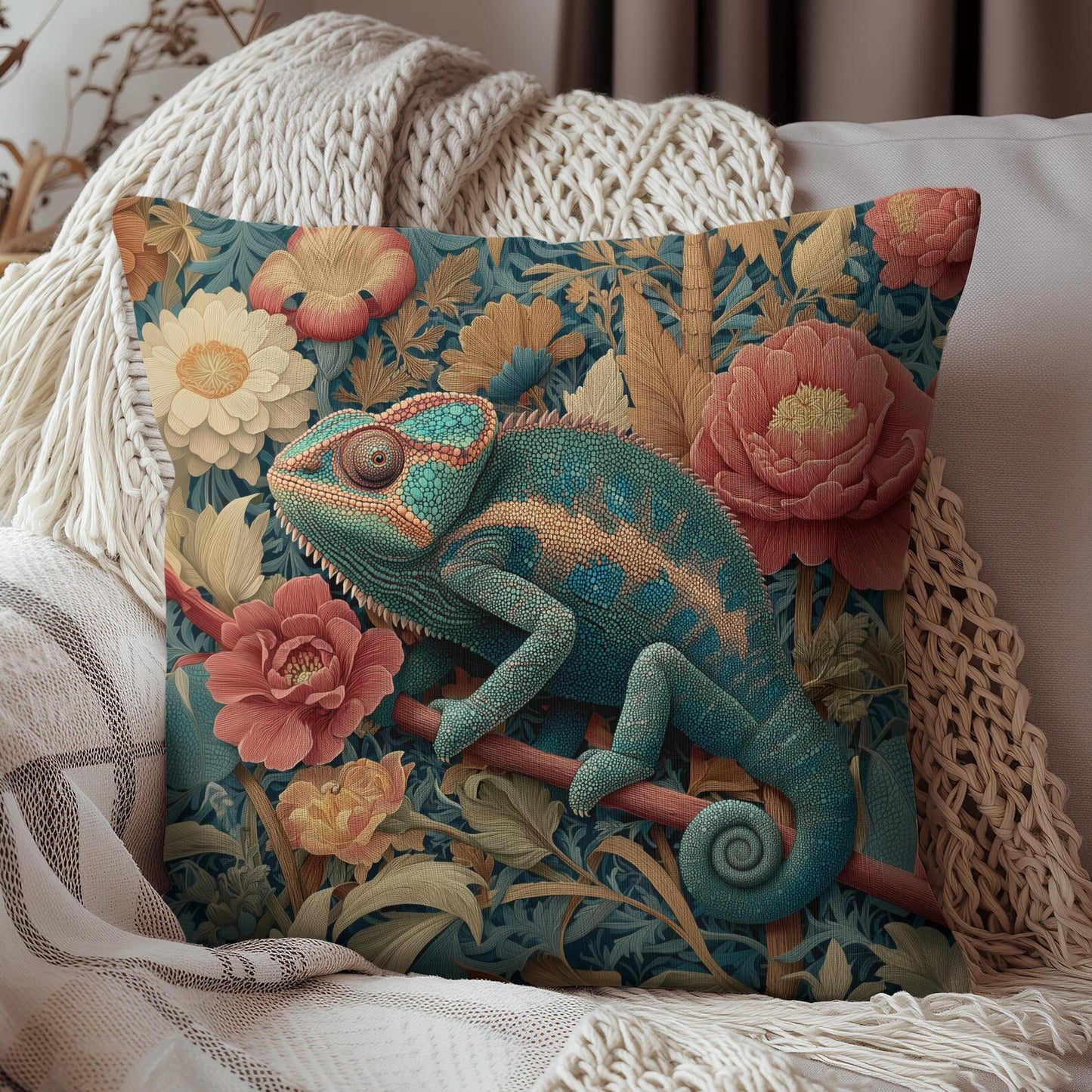 Teal Chameleon Floral Pillow, William Morris Style Lizard Cushion with Vintage Botanical Design