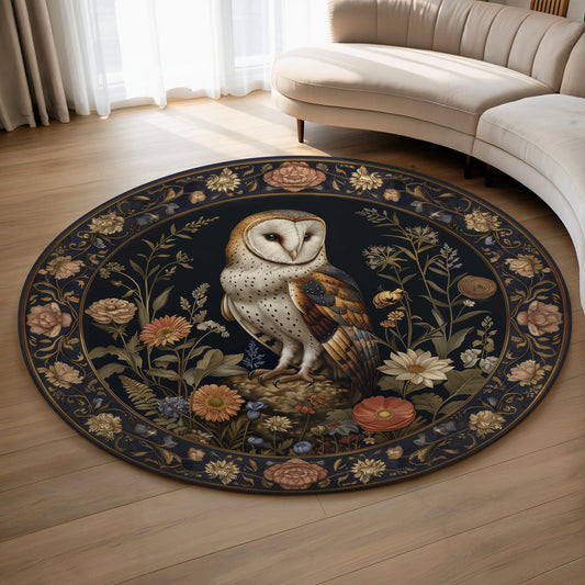 Twilight Barn Owl Round Rug, Vintage Botanical Owl Carpet, William Morris Inspired Woodland Floor Decor