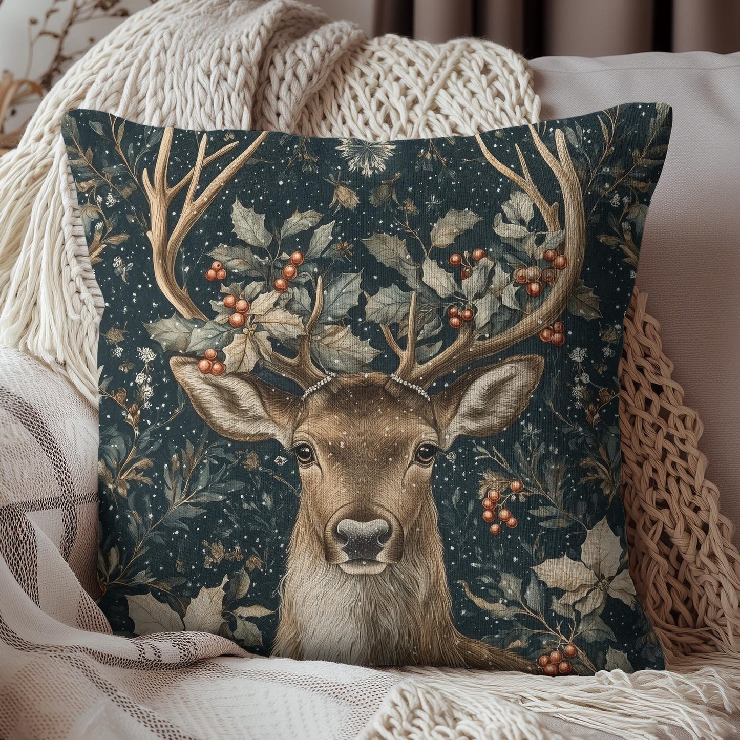 Christmas Reindeer Winter Pillow, William Morris Style Festive Woodland Decorative Cushion