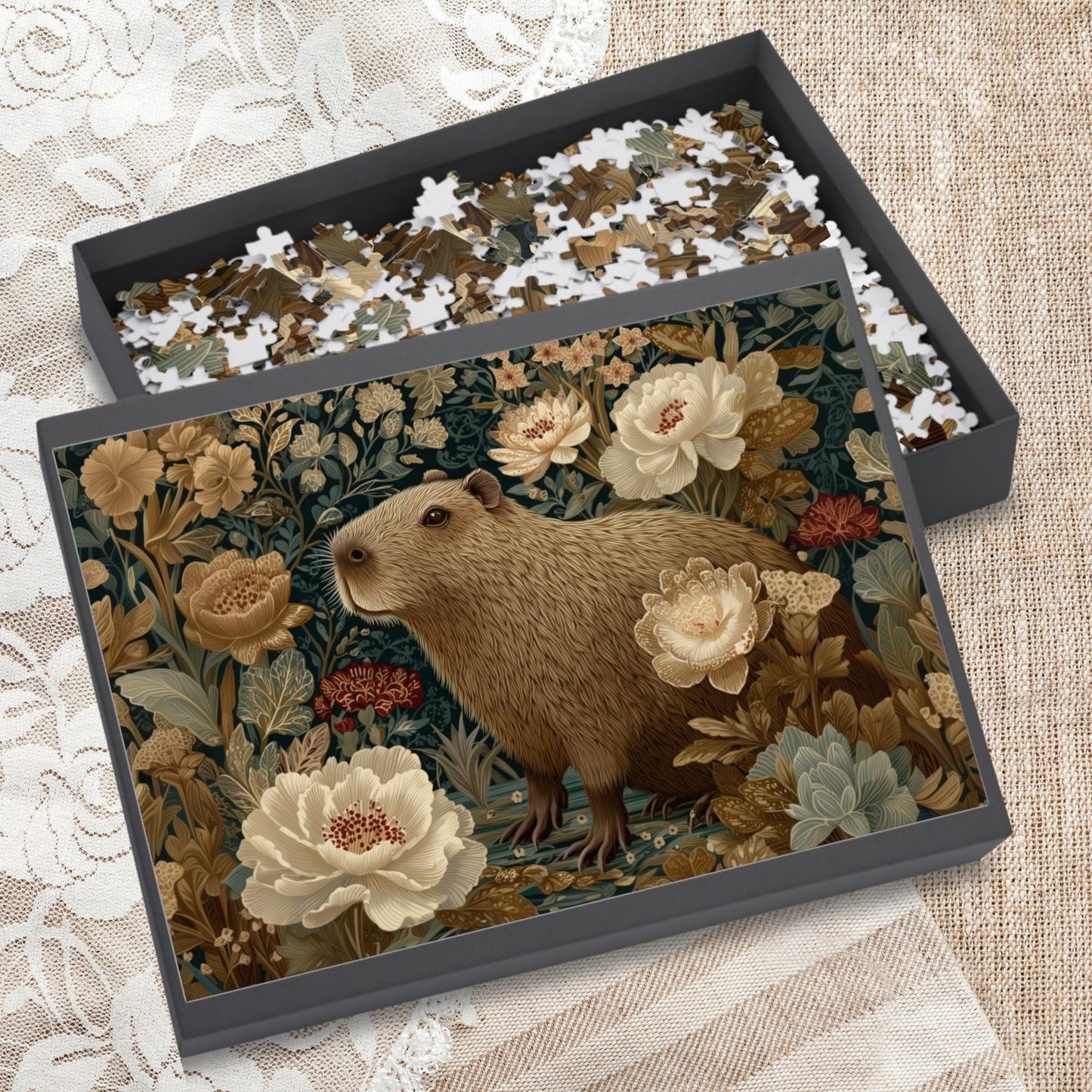 Vintage Capybara Floral Puzzle, Botanical Woodland Jigsaw for Relaxing Mindful Play