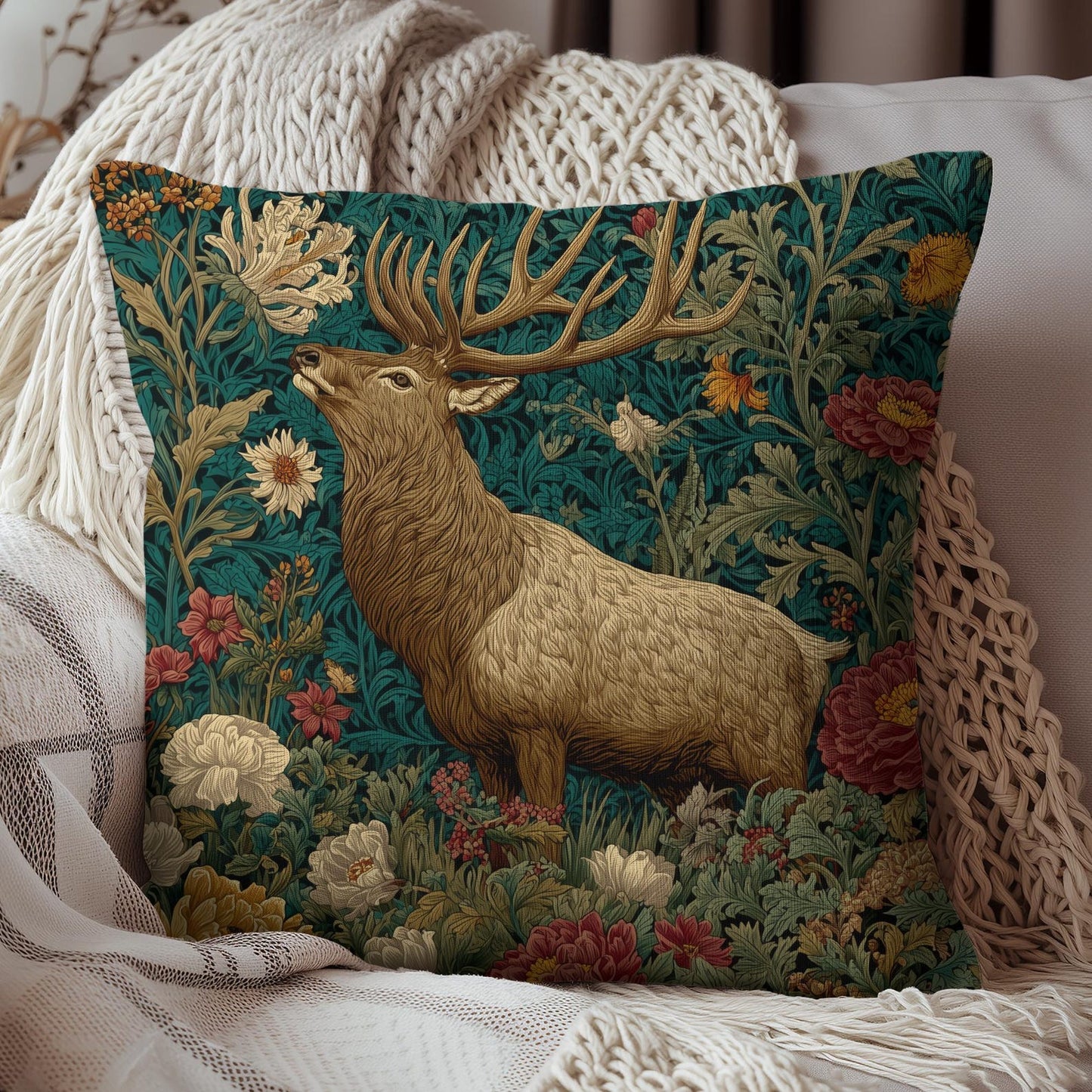 Majestic Elk Floral Pillow, William Morris Inspired Woodland Elf Decorative Pillow
