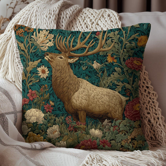 Majestic Elk Floral Pillow, William Morris Inspired Woodland Elf Decorative Pillow