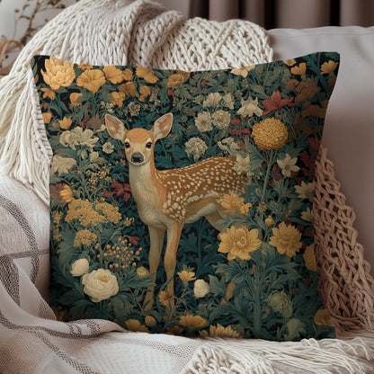 Woodland Fawn Floral Pillow, William Morris Style Baby Deer Botanical Decorative Cushion