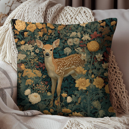 Woodland Fawn Floral Pillow, William Morris Style Baby Deer Botanical Decorative Cushion