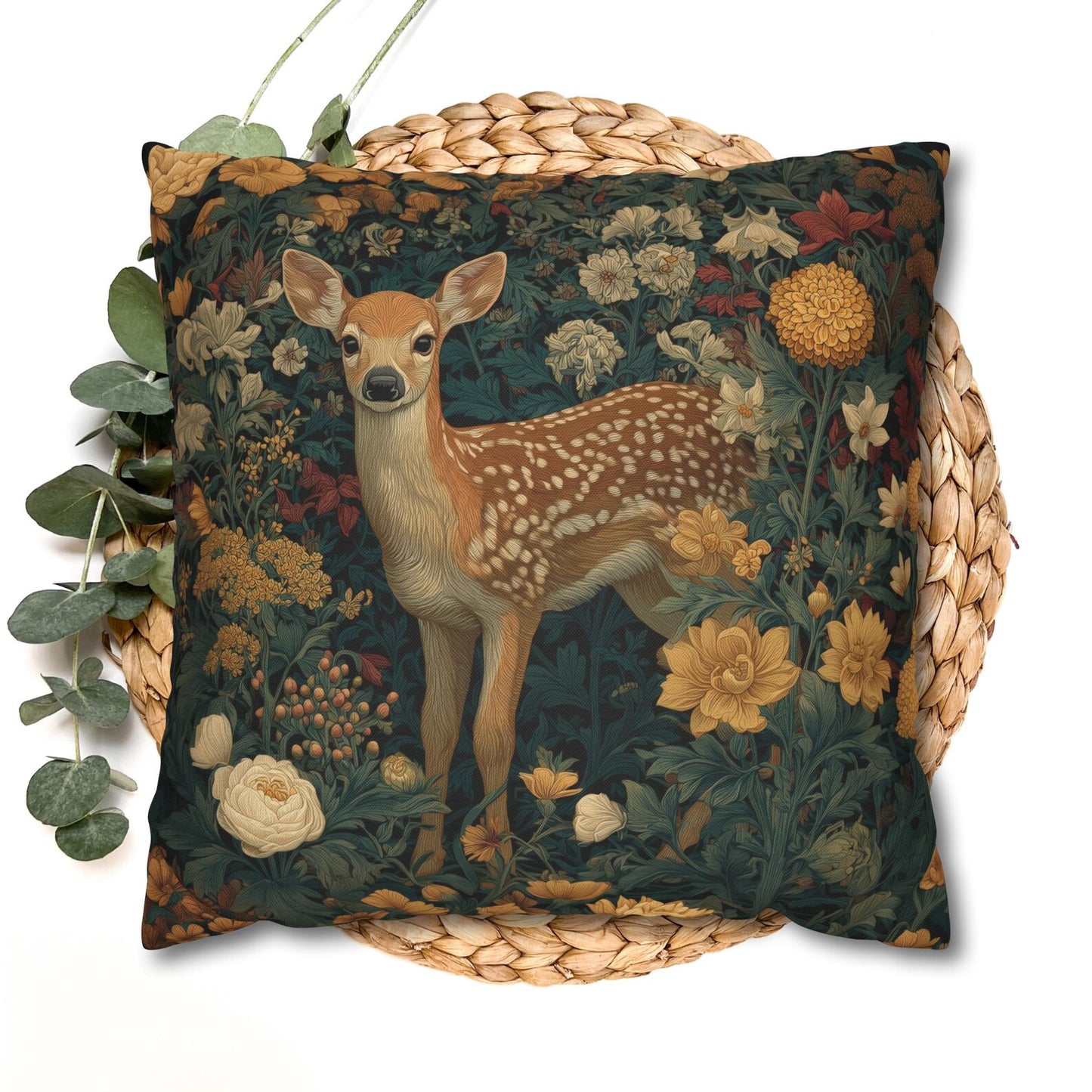 Woodland Fawn Floral Pillow, William Morris Style Baby Deer Botanical Decorative Cushion