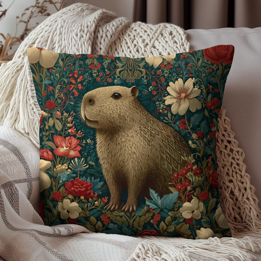 Capybara Floral Pillow, William Morris Style Botanical Animal Cushion for Cozy Home Decor