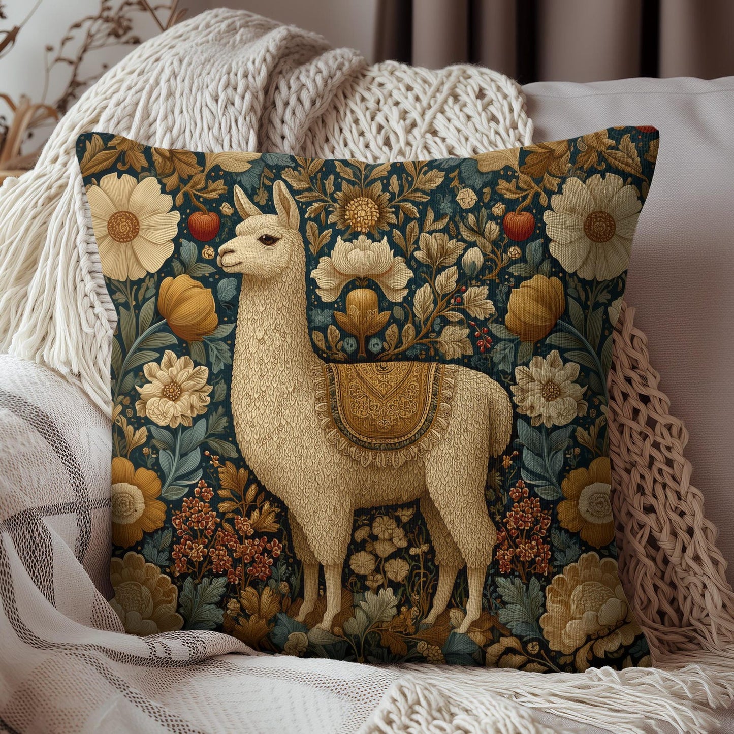 Golden Alpaca Floral Pillow, William Morris Style Botanical Animal Cushion Home Décor