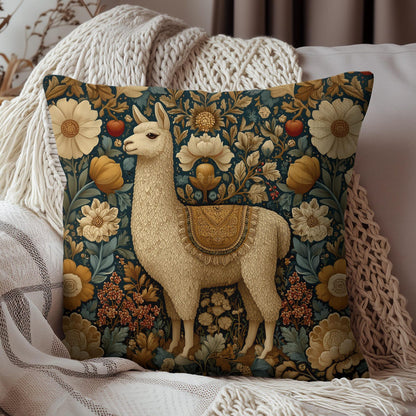 Golden Alpaca Floral Pillow, William Morris Style Botanical Animal Cushion Home Décor
