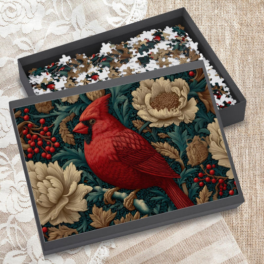 Red Cardinal Floral Puzzle, William Morris Inspired Botanical Jigsaw for Family