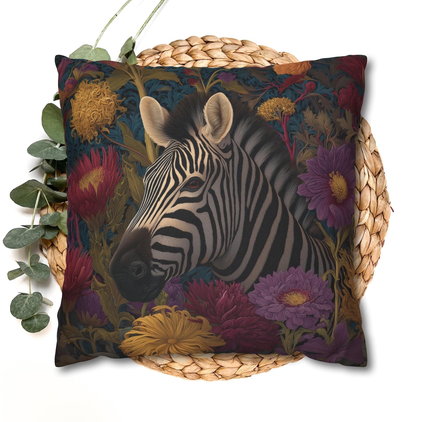 Vibrant Zebra Floral Pillow, William Morris Style Botanical Safari Animal Cushion