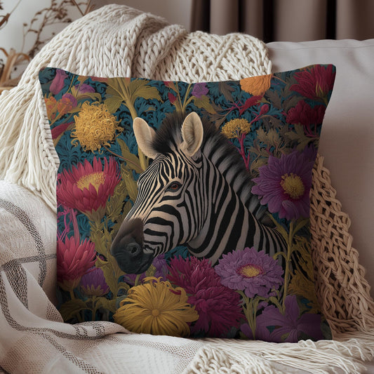 Vibrant Zebra Floral Pillow, William Morris Style Botanical Safari Animal Cushion