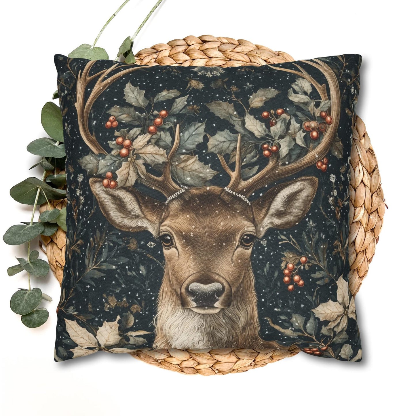 Christmas Reindeer Winter Pillow, William Morris Style Festive Woodland Decorative Cushion