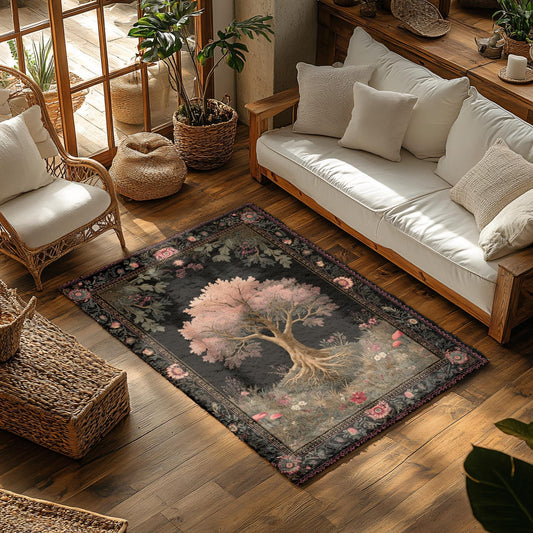 Blossoming Tree of Life Area Rug, Vintage Forest Chenille Rug, Cottagecore Botanical Home Decor