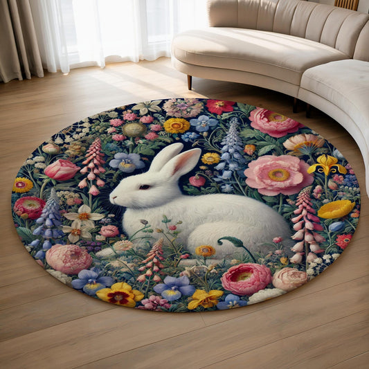 Spring Meadow Bunny Blooming Garden Round Rug, Vibrant Floral Animal Carpet, Cottagecore Home Decor