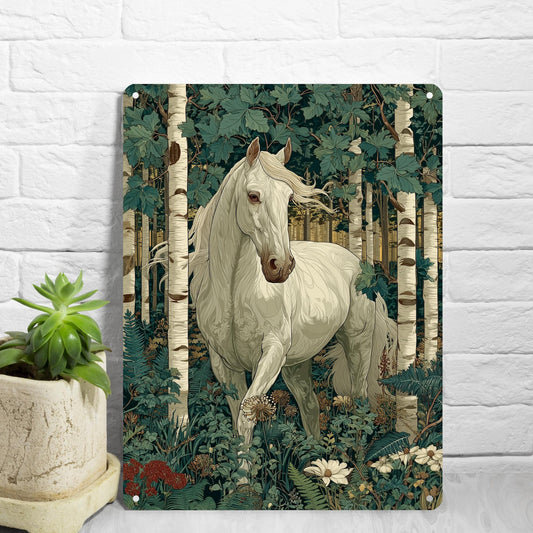 White Horse Forest Metal Wall Art, William Morris Style Woodland Horse Tin Sign, Vintage Botanical Nature Wall Decor