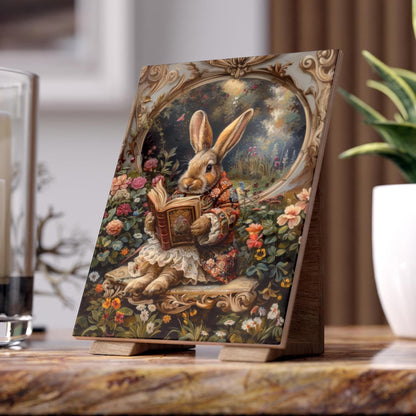Victorian Floral Reading Rabbit Ceramic Tile | Antique Storybook Bunny Art 6x8 Glossy Decor