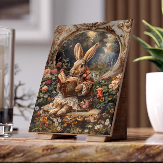 Victorian Floral Reading Rabbit Ceramic Tile | Antique Storybook Bunny Art 6x8 Glossy Decor