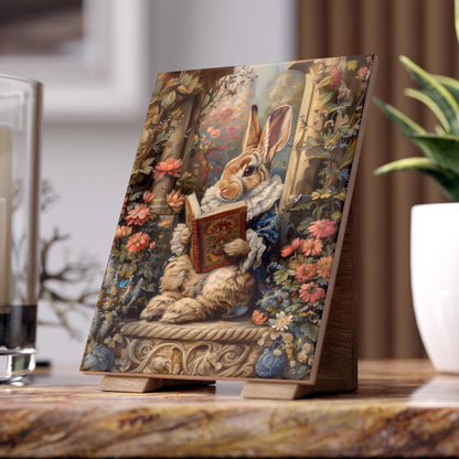 Victorian Rabbit Reading Ceramic Tile | Storybook Floral Art Decor