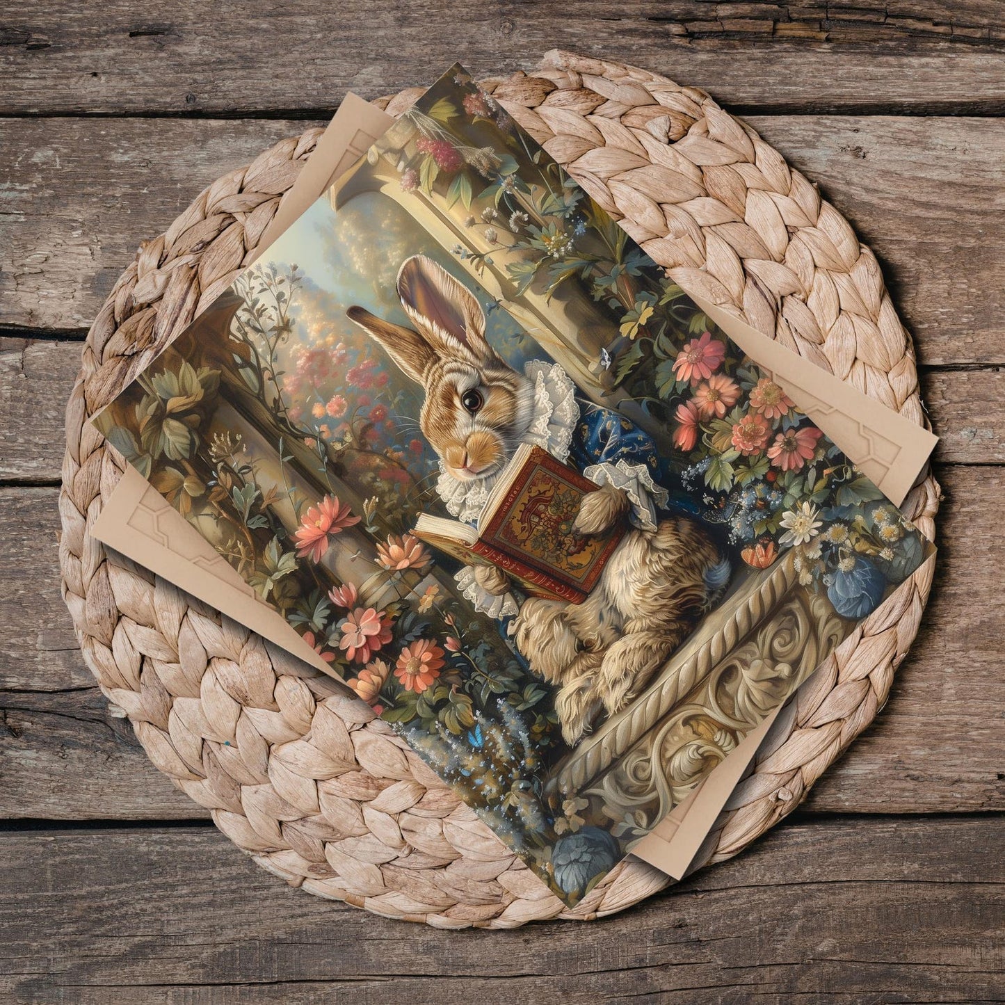 Victorian Rabbit Reading Ceramic Tile | Storybook Floral Art Decor
