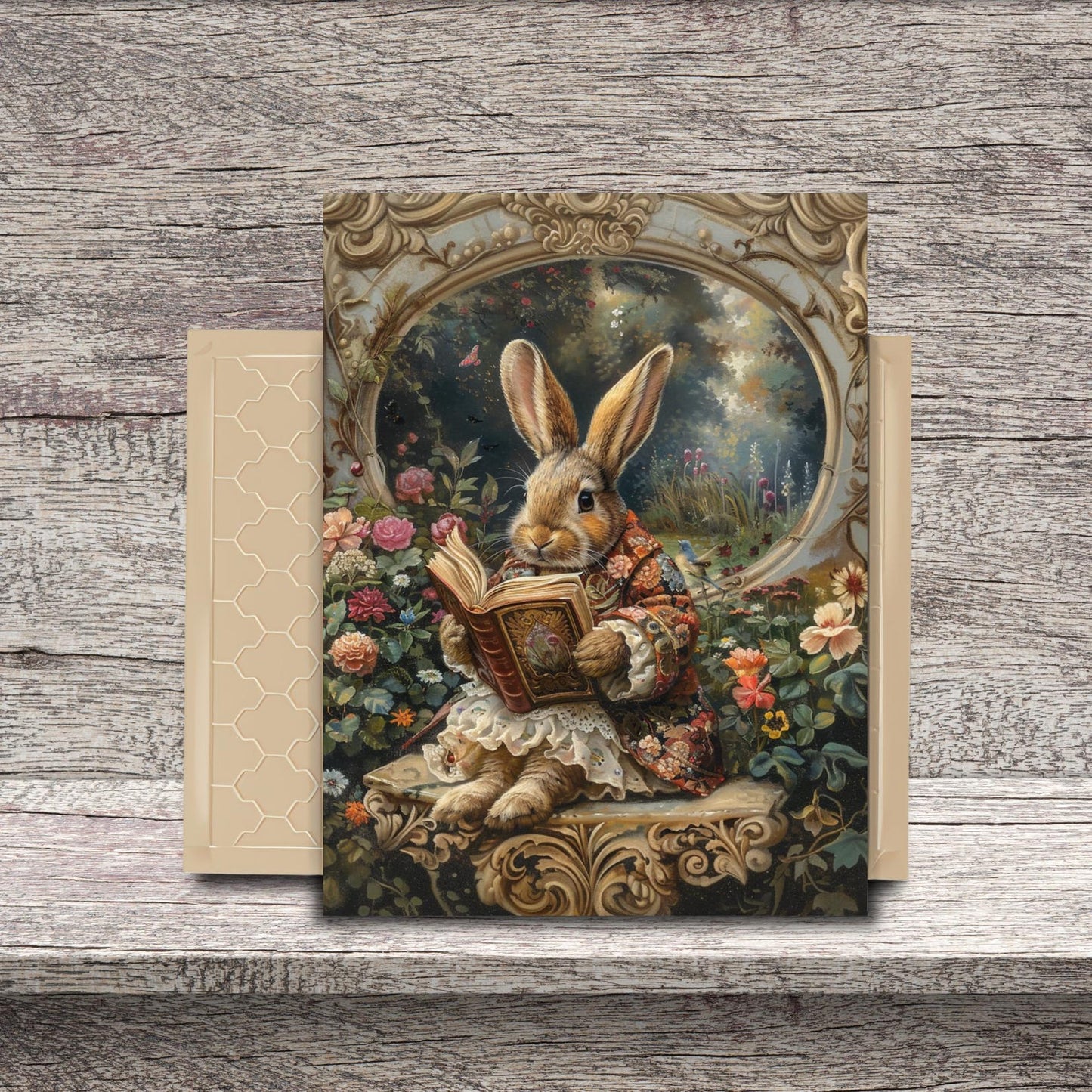 Victorian Floral Reading Rabbit Ceramic Tile | Antique Storybook Bunny Art 6x8 Glossy Decor