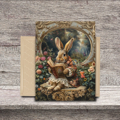 Victorian Floral Reading Rabbit Ceramic Tile | Antique Storybook Bunny Art 6x8 Glossy Decor