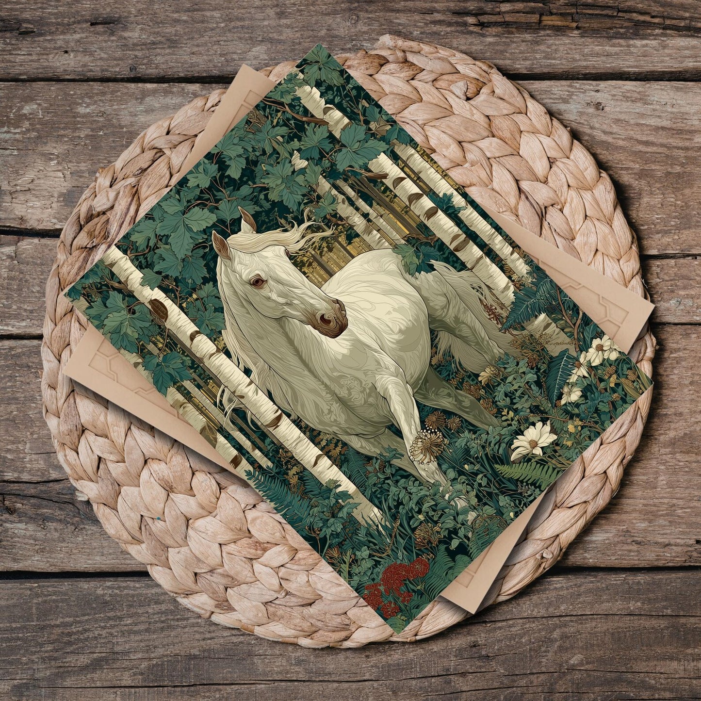 White Horse in Birch Forest Ceramic Tile | William Morris Inspired Woodland Art 6x8 Glossy Decor