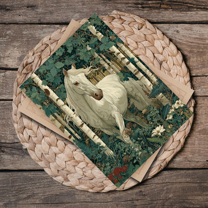 White Horse in Birch Forest Ceramic Tile | William Morris Inspired Woodland Art 6x8 Glossy Decor