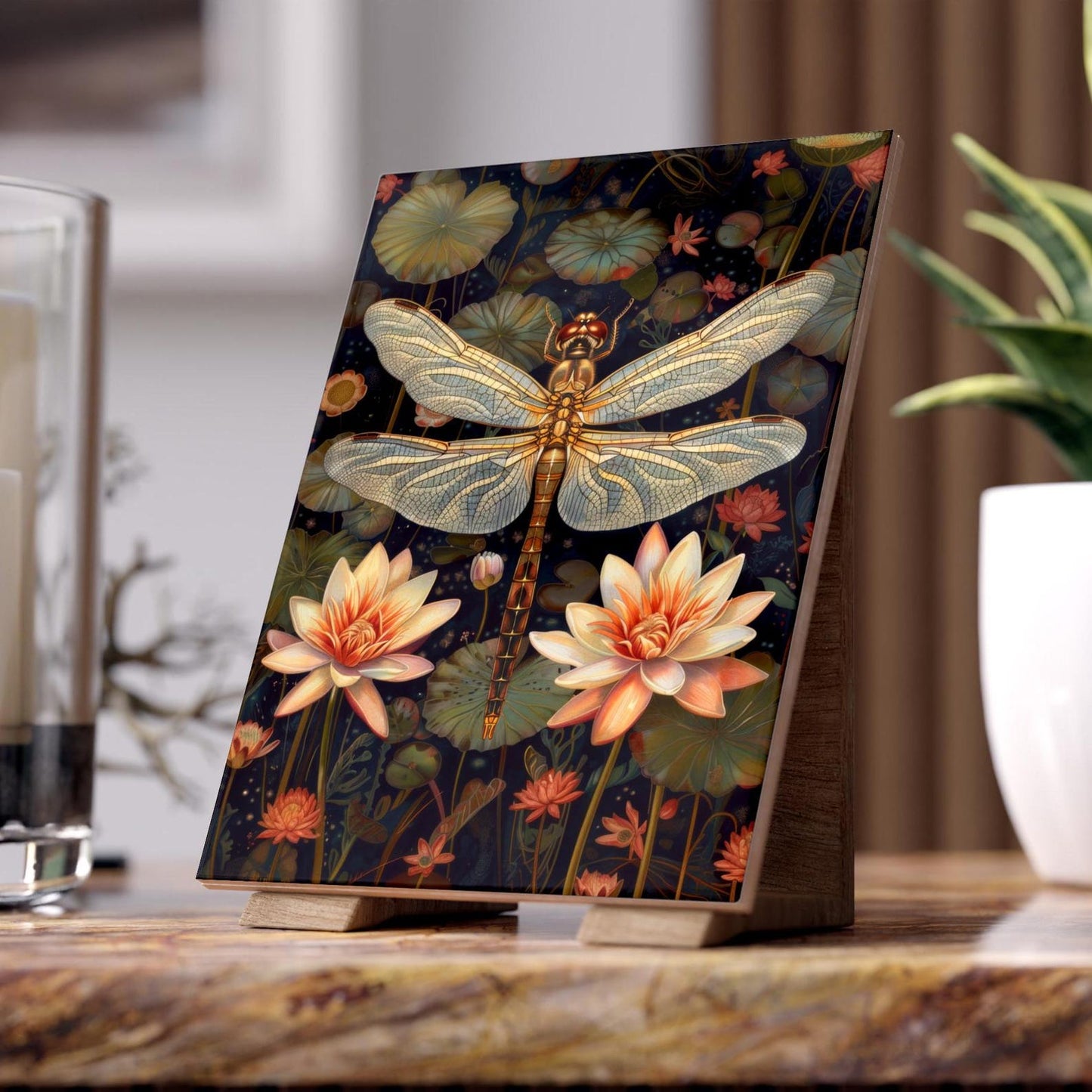 Golden Dragonfly & Water Lily Ceramic Tile | Art Nouveau Botanical Night Art 6x8 Glossy Decor