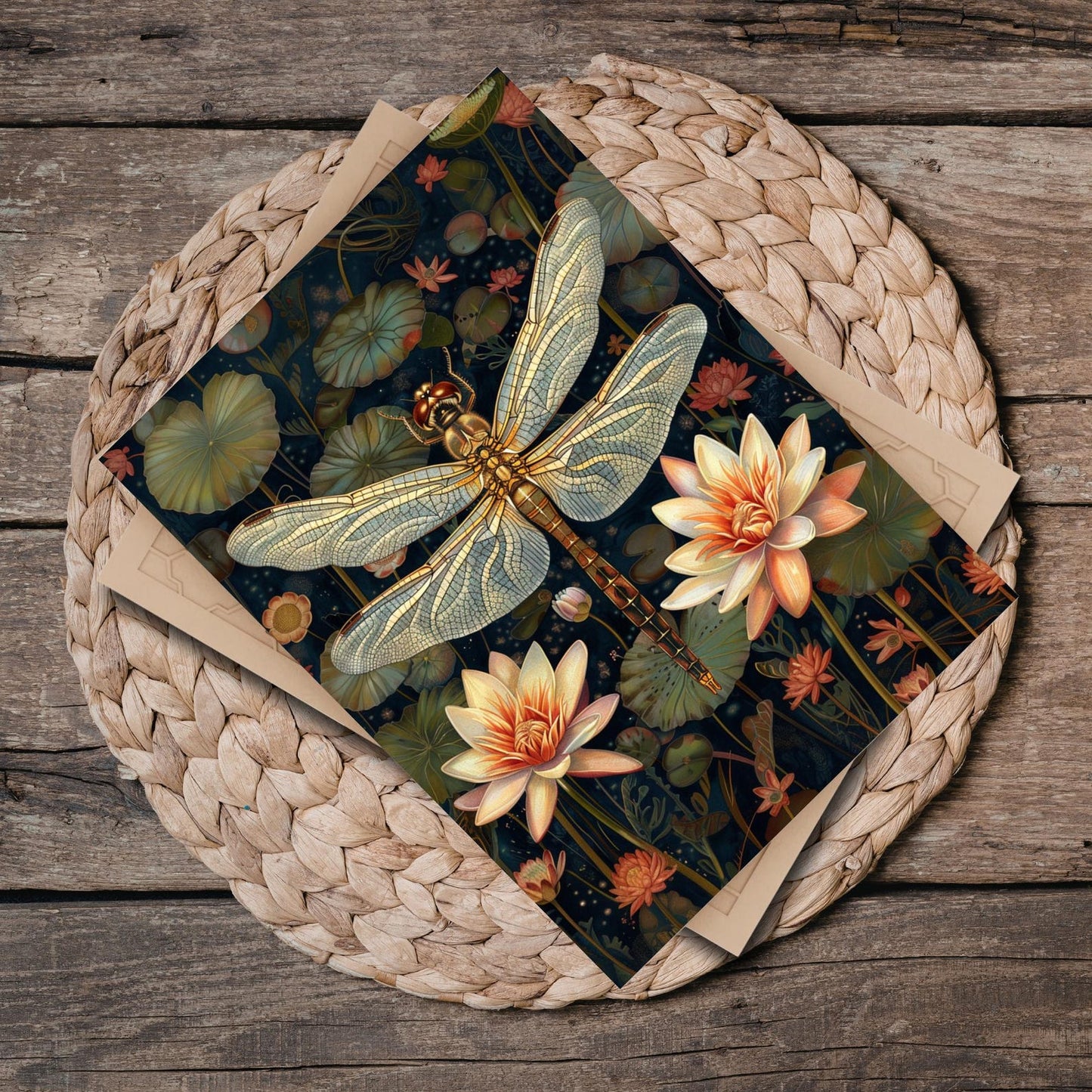 Golden Dragonfly & Water Lily Ceramic Tile | Art Nouveau Botanical Night Art 6x8 Glossy Decor