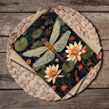 Golden Dragonfly & Water Lily Ceramic Tile | Art Nouveau Botanical Night Art 6x8 Glossy Decor