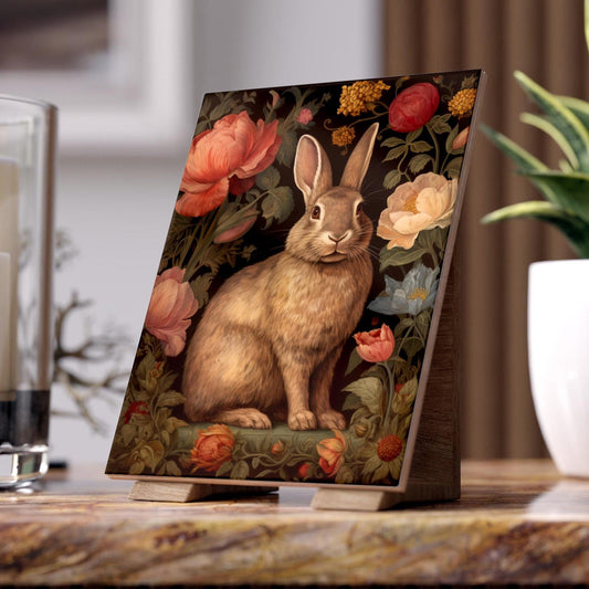 Vintage Floral Rabbit Ceramic Tile | Botanical Bunny Art 6x8 Glossy Cottagecore Decor