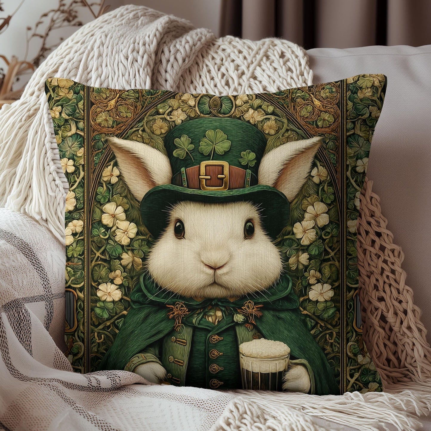 Leprechaun Bunny Decorative Pillow, St Patrick Day William Morris Style Rabbit Cushion