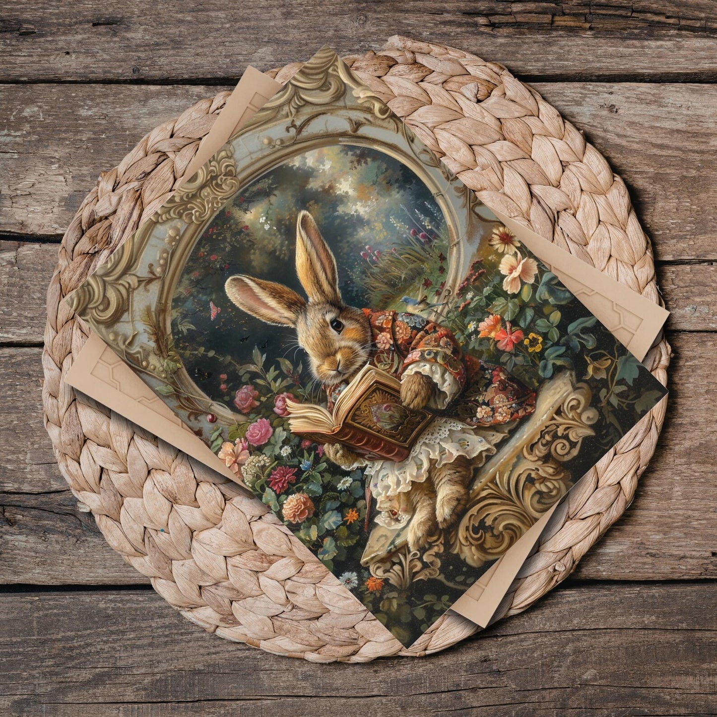 Victorian Floral Reading Rabbit Ceramic Tile | Antique Storybook Bunny Art 6x8 Glossy Decor