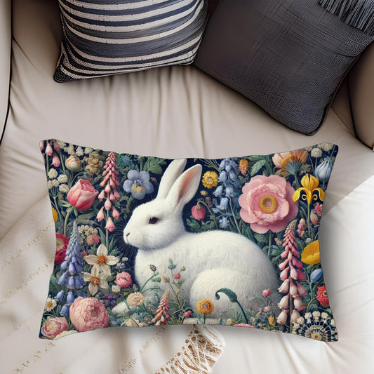 White Rabbit Lumbar Pillow, Floral Garden Bunny Cushion, Cottagecore Botanical Home Decor