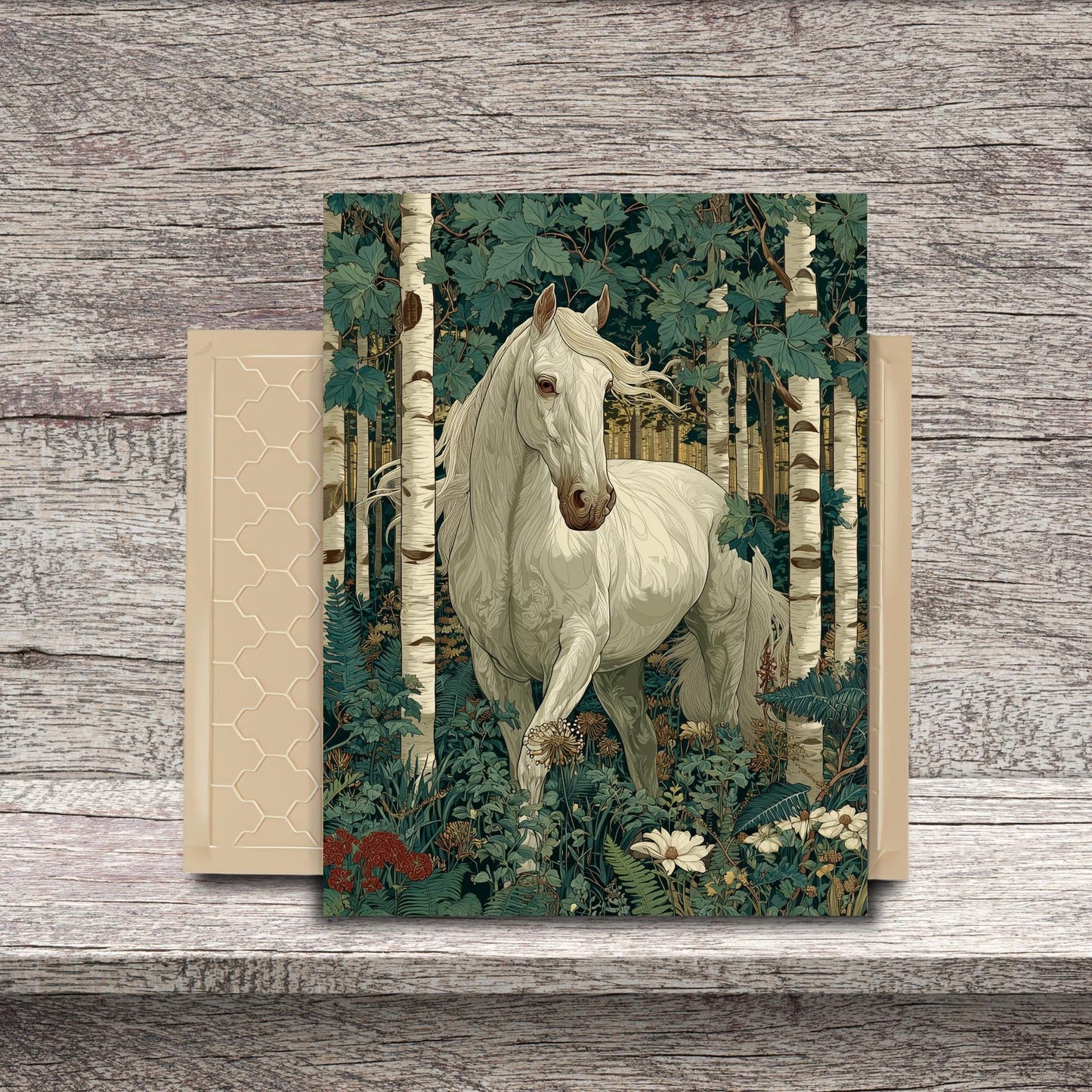 White Horse in Birch Forest Ceramic Tile | William Morris Inspired Woodland Art 6x8 Glossy Decor