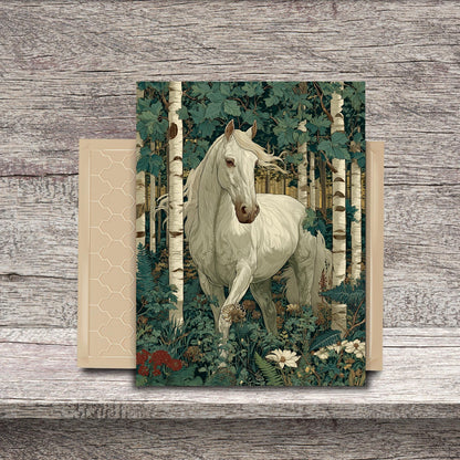 White Horse in Birch Forest Ceramic Tile | William Morris Inspired Woodland Art 6x8 Glossy Decor