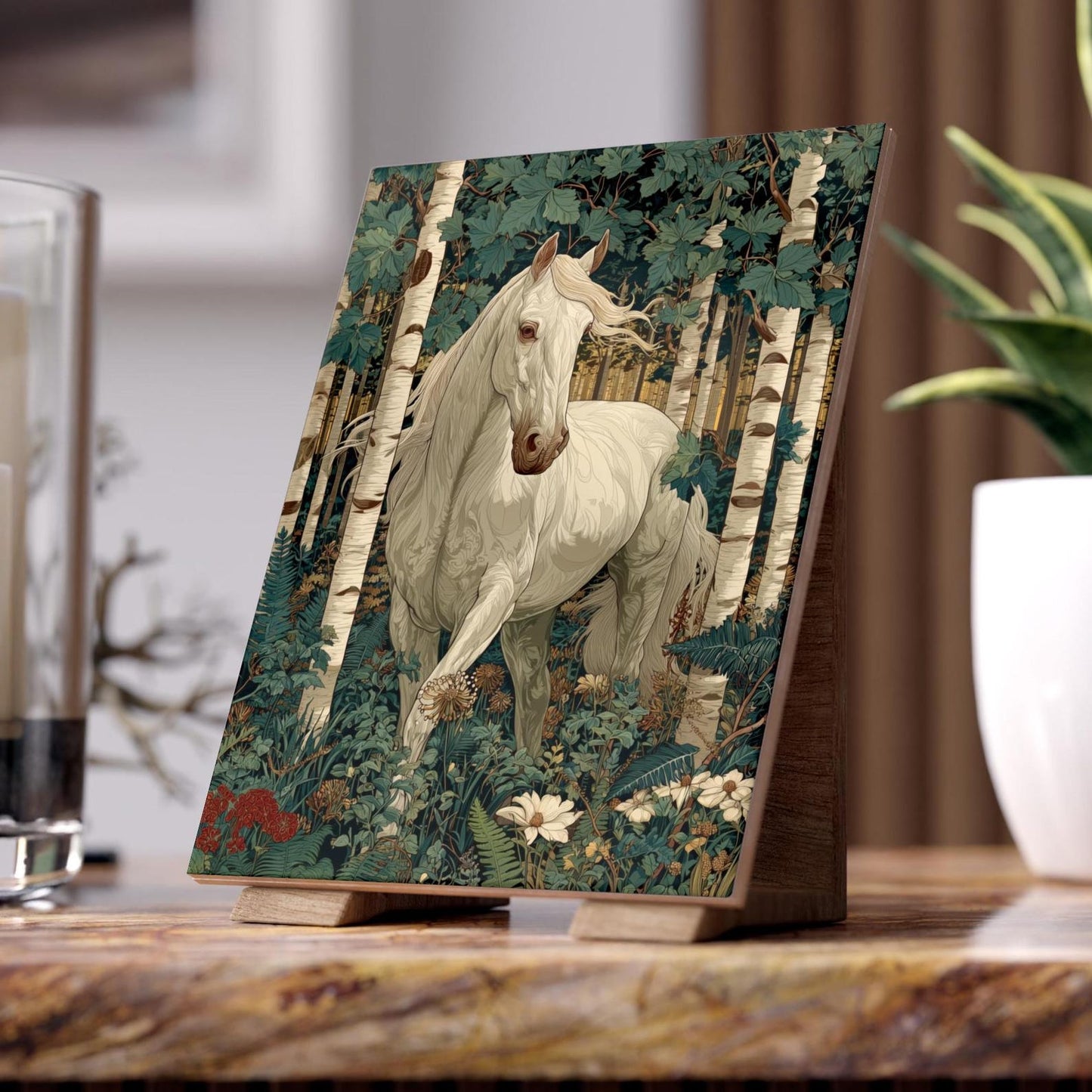 White Horse in Birch Forest Ceramic Tile | William Morris Inspired Woodland Art 6x8 Glossy Decor
