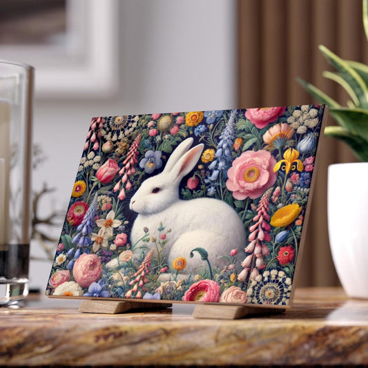 White Rabbit Floral Ceramic Tile | Cottagecore Botanical Bunny Wall Art | 8x6 Glossy Decor