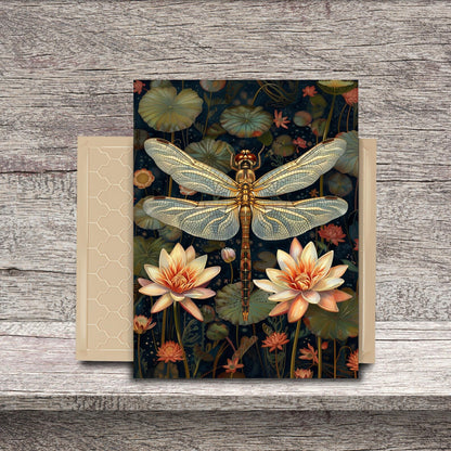Golden Dragonfly & Water Lily Ceramic Tile | Art Nouveau Botanical Night Art 6x8 Glossy Decor