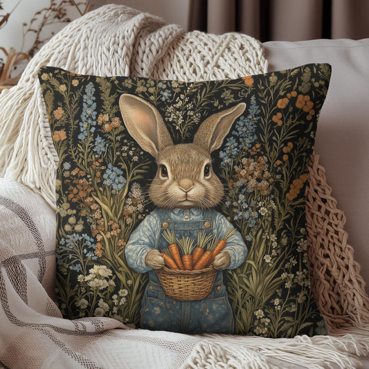 William Morris Inspired Bunny Pillow, Woodland Rabbit with Carrots, Vintage Floral Cottagecore Square Cushion
