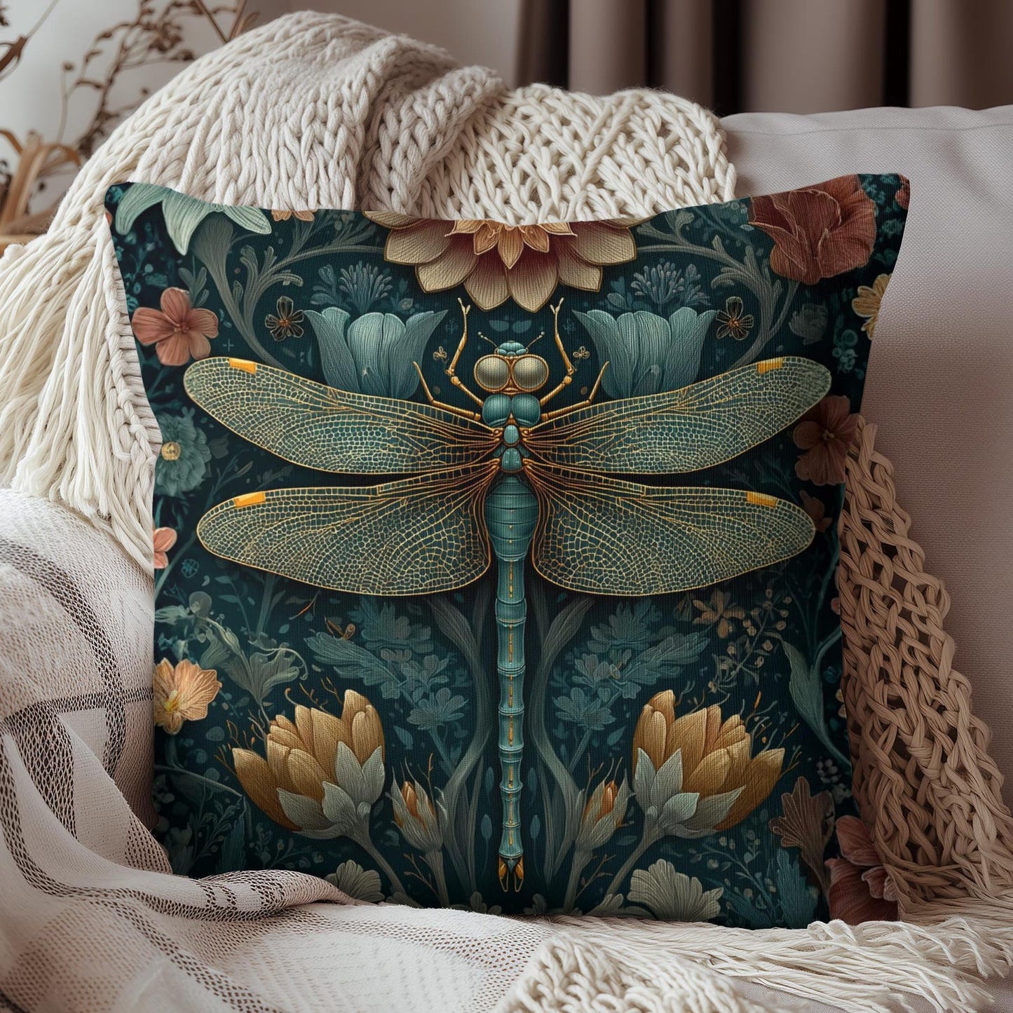 William Morris Inspired Dragonfly Pillow, Teal Botanical Art Nouveau Cushion, Elegant Floral Square Throw Pillow